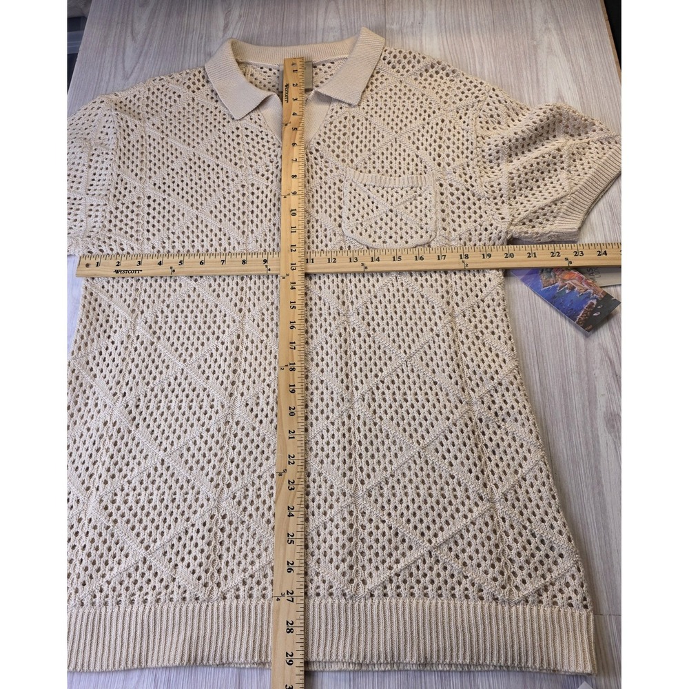 NWT Massive Luxury Edition Men's M Crochet Knit Polo Shirt Open‎ Weave Neutral - Picture 7 of 7